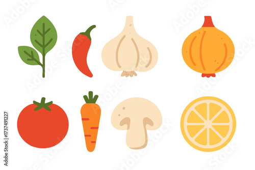 Fresh vegetables and fruits including spinach, garlic, and chili pepper displayed in a colorful layout