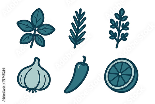 Fresh herbs and spices collection including garlic, chili, and lime for flavorful cooking