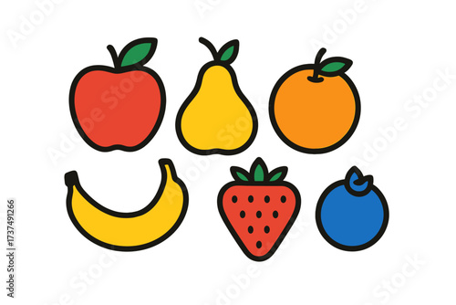Colorful fruit illustrations featuring apple, pear, orange, banana, strawberry, and blueberry in a fun design