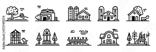 Set of rural buildings and farm structures in minimalist line art style collection