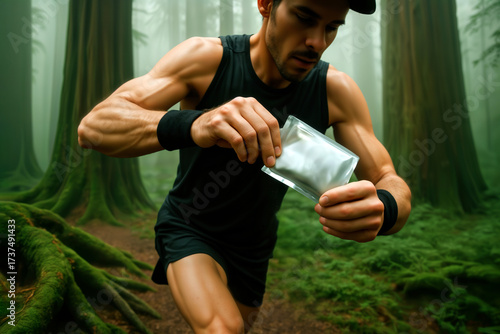 Man opening energy gel packet while trail running in a foggy forest. Space for text.