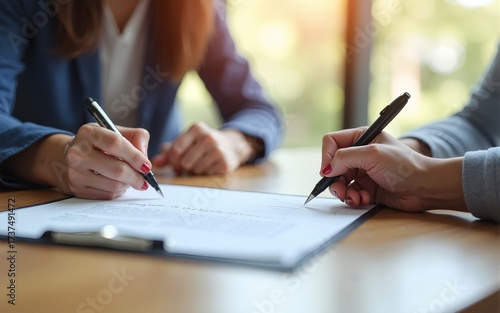Real estate agent with woman closing a deal and signing a contract. High quality