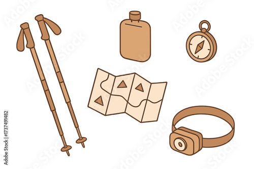 Essential hiking gear for outdoor adventures including trekking poles, water bottle, compass, and map