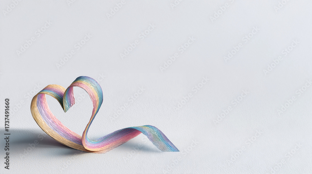 Fototapeta premium Pastel rainbow heart ribbon on neutral surface, symbolizing love, acceptance, and pride, perfect for backgrounds, cards, and designs conveying affection