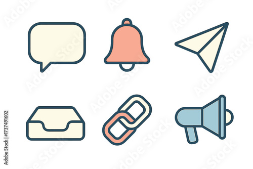Icons representing communication, notifications, and sharing activities in a simple and colorful design