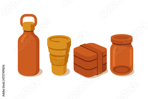Different types of orange containers arranged side by side with simple designs showcasing their shapes and sizes