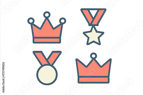 Colorful icons of crowns and medals representing achievement and success in various fields or competitions