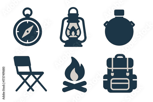 Outdoor camping gear including a compass, lantern, kettle, folding chair, campfire, and backpack for adventure activities
