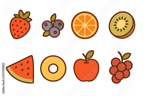 Colorful cartoon fruits including strawberries, blueberries, oranges, kiwis, watermelon, pineapples, apples, and grapes on white background