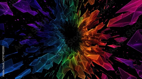 Abstract rainbow-colored, fragmented portal-like artwork against a black backdrop, creating an immersive visual