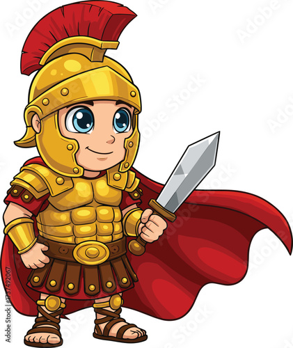 cartoon roman soldier illustration, gladiator warrior character, golden armor with red cape, ancient fighter vector art, historical battle costume, heroic warrior design, fantasy artwork