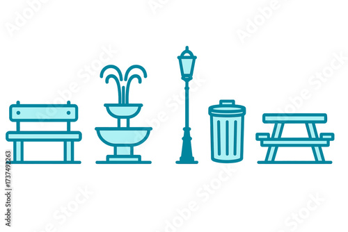 Park scene with benches, fountain, lamp post, trash can, and picnic table in a public area