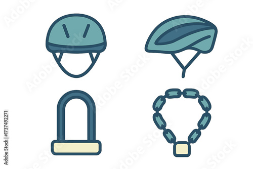 Different types of bicycle helmets and locks showcased in a clear and simple design