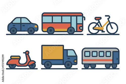 Variety of transportation modes illustrated, including cars, buses, bikes, and scooters, showcasing urban mobility alternatives