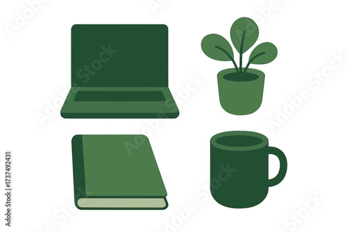 Two green plants, a laptop, a notebook, and a mug on a white background create a calm workspace aesthetic for productivity