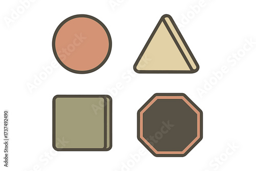 Shapes displayed in a simple layout showcasing a circle, triangle, square, and octagon with muted colors and outlines
