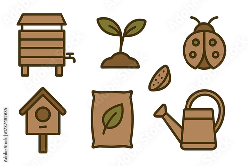 Gardening and pollination essentials displayed in a simple design featuring plants, tools, and insects in earthy tones