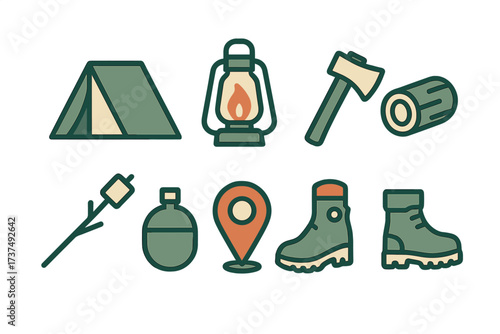 Camping gear essentials with tent, lantern, axe, and hiking boots for outdoor adventures in nature during summer