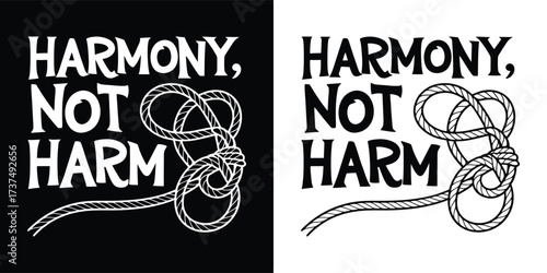 Harmony not harm text with a complex knot symbol, presented in both black and white versions, representing intricate connections and peaceful resolutions