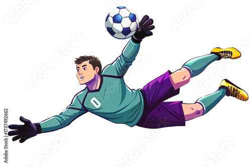 Professional male soccer goalkeeper captured midair jumping for a dramatic save to catch the ball, illustrated in premium high-quality vector style, perfect for stock imagery, football sports themes
