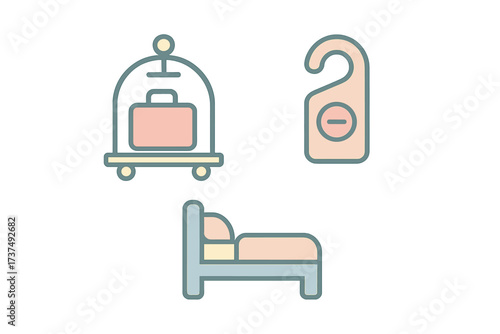 Travel essentials for a comfortable hotel stay with luggage cart, bed, and do not disturb sign