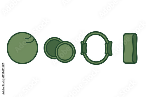 Green circular objects arranged in a line, showcasing balls, plates, bands, and rings in a minimalist style