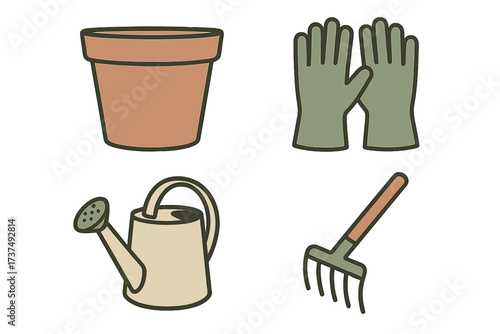 Gardening tools and supplies arranged on a simple background ideal for planting and nurturing plants in a home garden