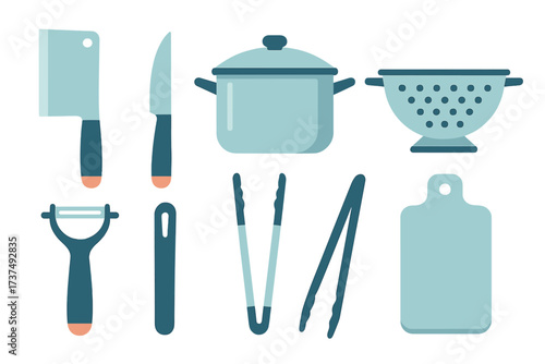 Kitchen tools including knives, pot, colander, and more in a simple design layout for cooking enthusiasts
