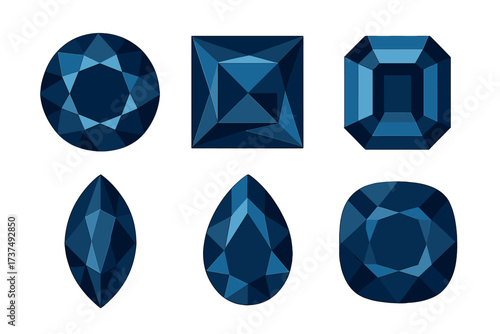 Diverse shapes and cuts of deep blue gemstones displayed elegantly on white background