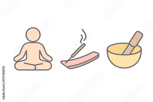 Relaxation and mindfulness practices illustrated through meditation, incense burning, and herbal preparation techniques