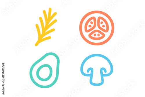 Colorful minimalist outline icons of fresh healthy food ingredients and cooking herbs
