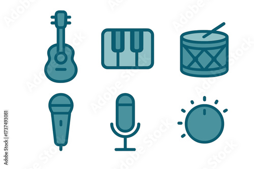 Musical instruments and equipment including guitar, piano, drum, and microphones displayed in simple design