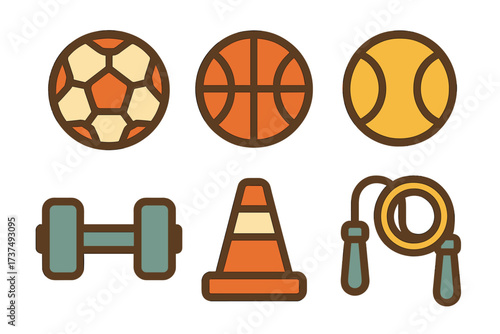 Collection of sports equipment and balls featuring soccer, basketball, tennis, dumbbell, traffic cone, and jump rope for fitness activities