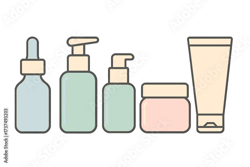 Assortment of pastel colored cosmetic and skincare product containers for beauty routine