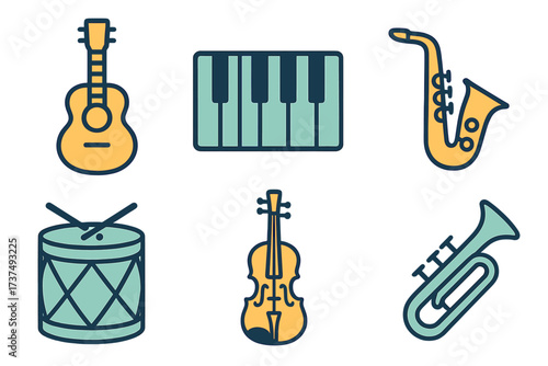 Musical instruments including guitar, piano, saxophone, drums, violin, and trumpet in a colorful illustration
