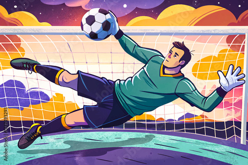 Professional male soccer goalkeeper captured midair jumping for a dramatic save to catch the ball, illustrated in premium high-quality vector style, perfect for stock imagery, football sports themes