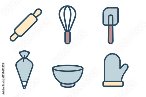 Assortment of essential kitchen baking tools and pastry equipment for cooking