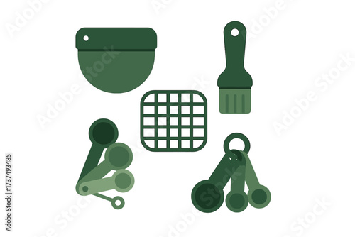 Various green kitchen utensils including measuring spoons, bowl, and pastry brush