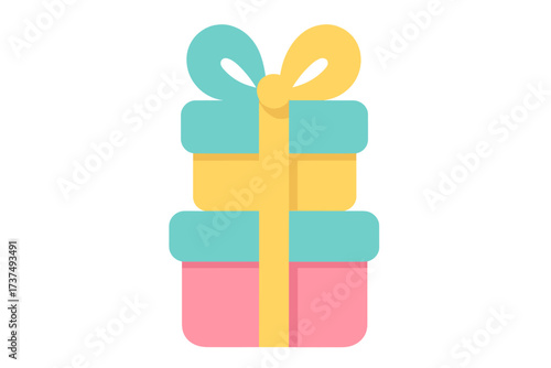 Three colorful stacked gift boxes tied with a decorative yellow ribbon and bow
