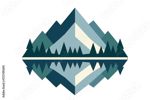 Geometric mountain landscape with forest and water reflection in a stylized design