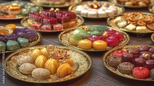 A lavish display of Middle Eastern sweets celebrating Eid al Fitr with glistening colours and cultural richness on