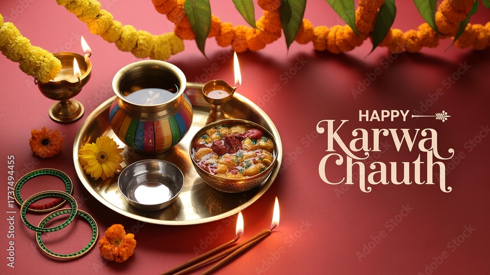 Fototapeta premium Happy Karwa Chauth festival with decorated pooja thali arrangement.