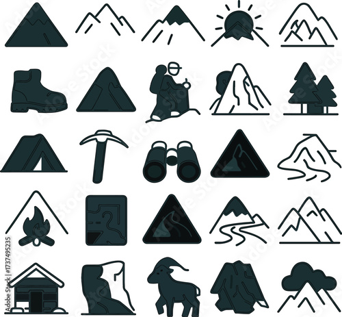 Mountain landscape icons with hiking and camping elements
