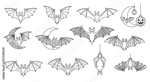 A spooky collection of bat illustrations, perfect for Halloween decorations, invitations, or themed projects. Features diverse bat designs, ideal for creating a festive atmosphere