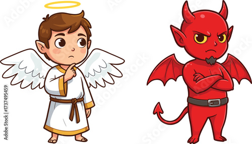 Cute cartoon angel and devil characters, good vs evil concept, moral dilemma illustration, innocence and temptation, heavenly vs hellish debate Happy children running and playing together
