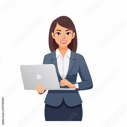 A smiling professional businesswoman in a blue suit and white shirt, holding a silver laptop computer on a white background.