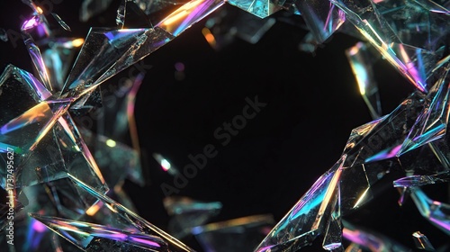 Iridescent shards of fractured, crystalline material surround a central, deep black void. The pieces reflect light