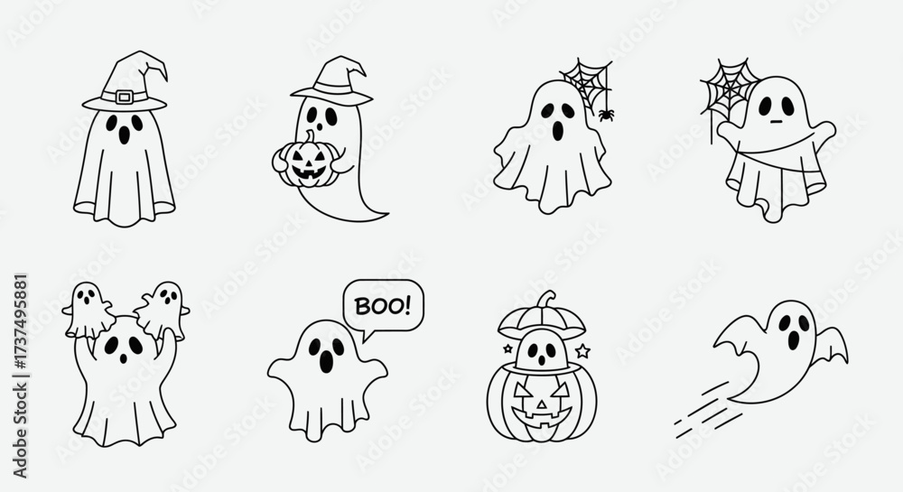 Obraz premium Collection of cute Halloween ghosts in various poses, perfect for seasonal designs, creating spooky illustrations and festive decorations