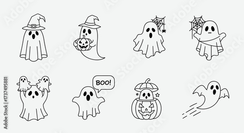 Collection of cute Halloween ghosts in various poses, perfect for seasonal designs, creating spooky illustrations and festive decorations