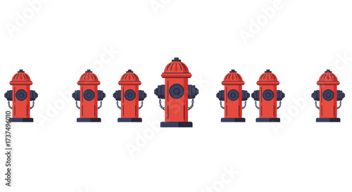 Row of Red Fire Hydrants with Dark Blue Accents.